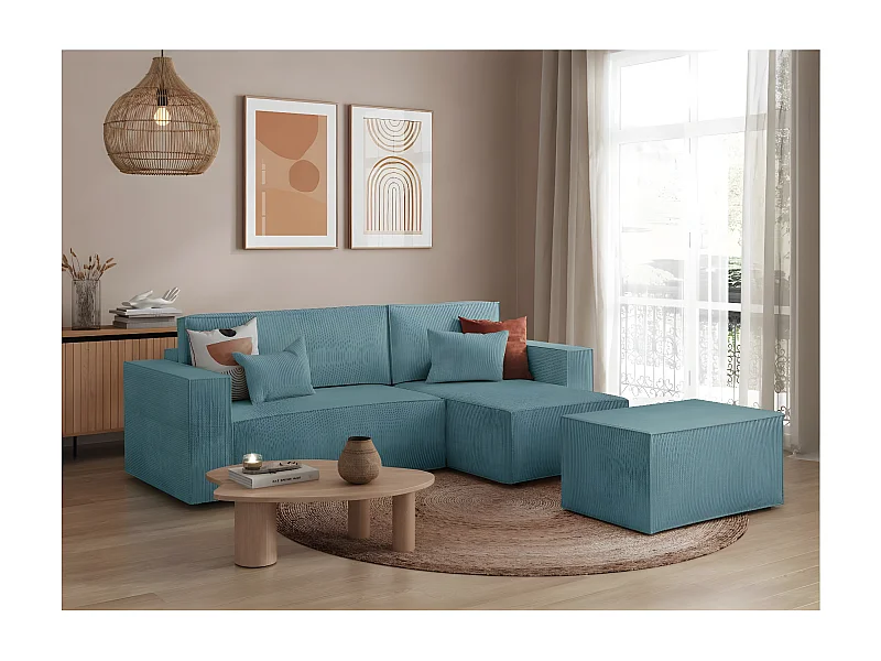 Pack - Clarisse - Canapé d'angle convertible réversible avec pouf en velours côtelé - Bleu clair - L269 x P159 x H89cm - Loungitude