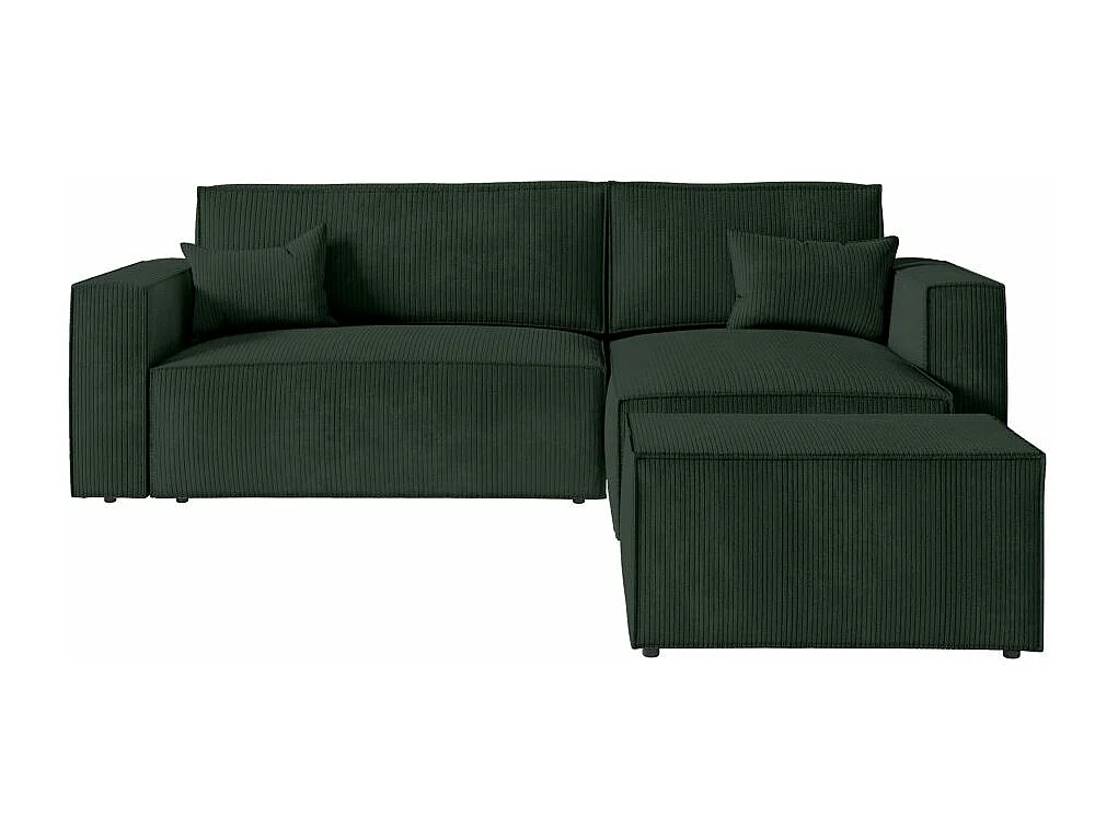 Pack - Clarisse - Canapé d'angle convertible réversible avec pouf en velours côtelé - Vert foncé - L269 x P159 x H89cm - Loungitude