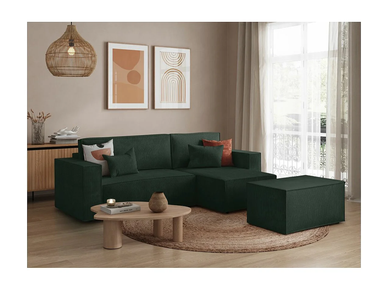 Pack - Clarisse - Canapé d'angle convertible réversible avec pouf en velours côtelé - Vert foncé - L269 x P159 x H89cm - Loungitude