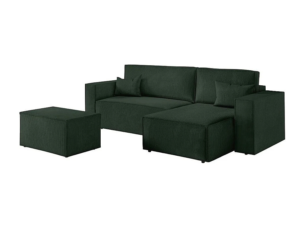 Pack - Clarisse - Canapé d'angle convertible réversible avec pouf en velours côtelé - Vert foncé - L269 x P159 x H89cm - Loungitude
