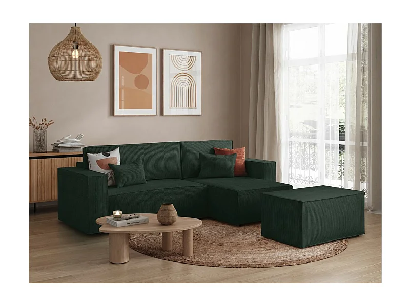 Pack - Clarisse - Canapé d'angle convertible réversible avec pouf en velours côtelé - Vert foncé - L269 x P159 x H89cm - Loungitude