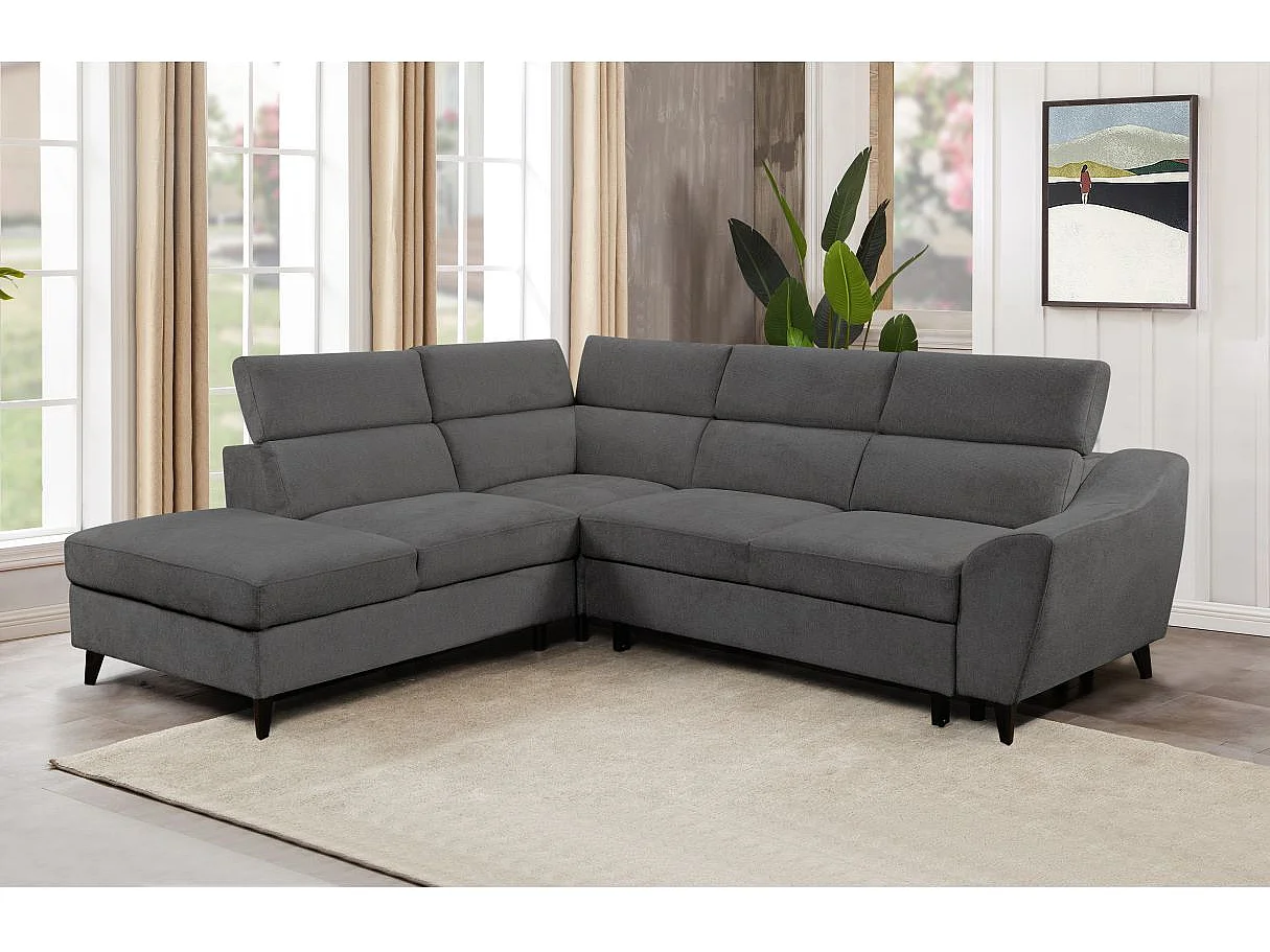 Canapé d'angle gauche Verla 4 places convertible avec coffre en tissu - Gris - L258 x P222 x H83cm - Loungitude