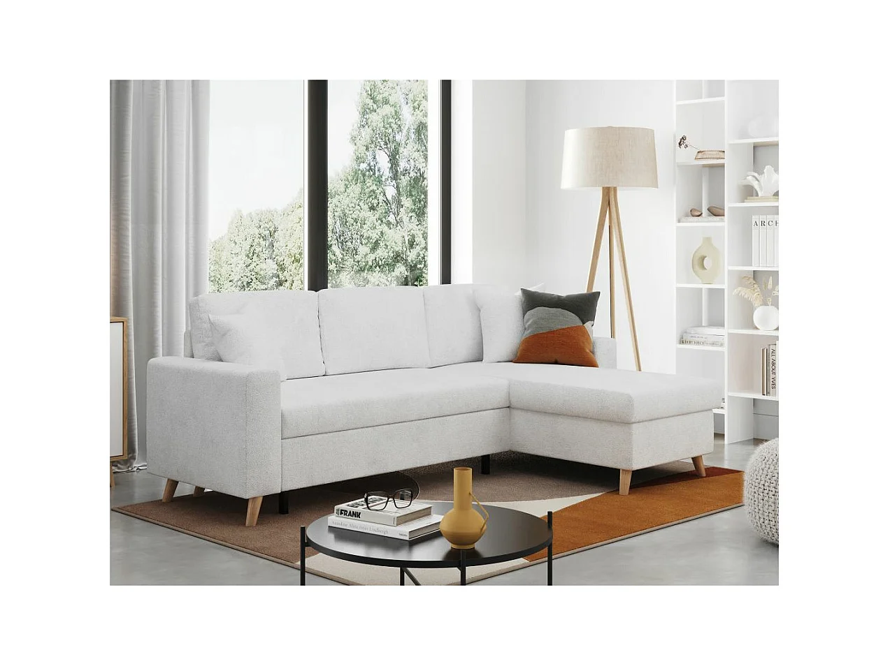 Canapé d'angle 3 places Maria scandinave réversible convertible avec coffre en tissu bouclé - Blanc - L227 x P147 x H89cm - Loungitude