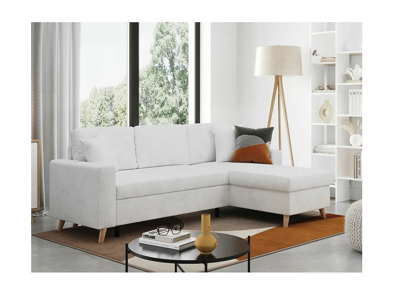 Canapé d'angle 3 places Maria scandinave réversible convertible avec coffre en tissu bouclé - Blanc - L227 x P147 x H89cm - Loungitude