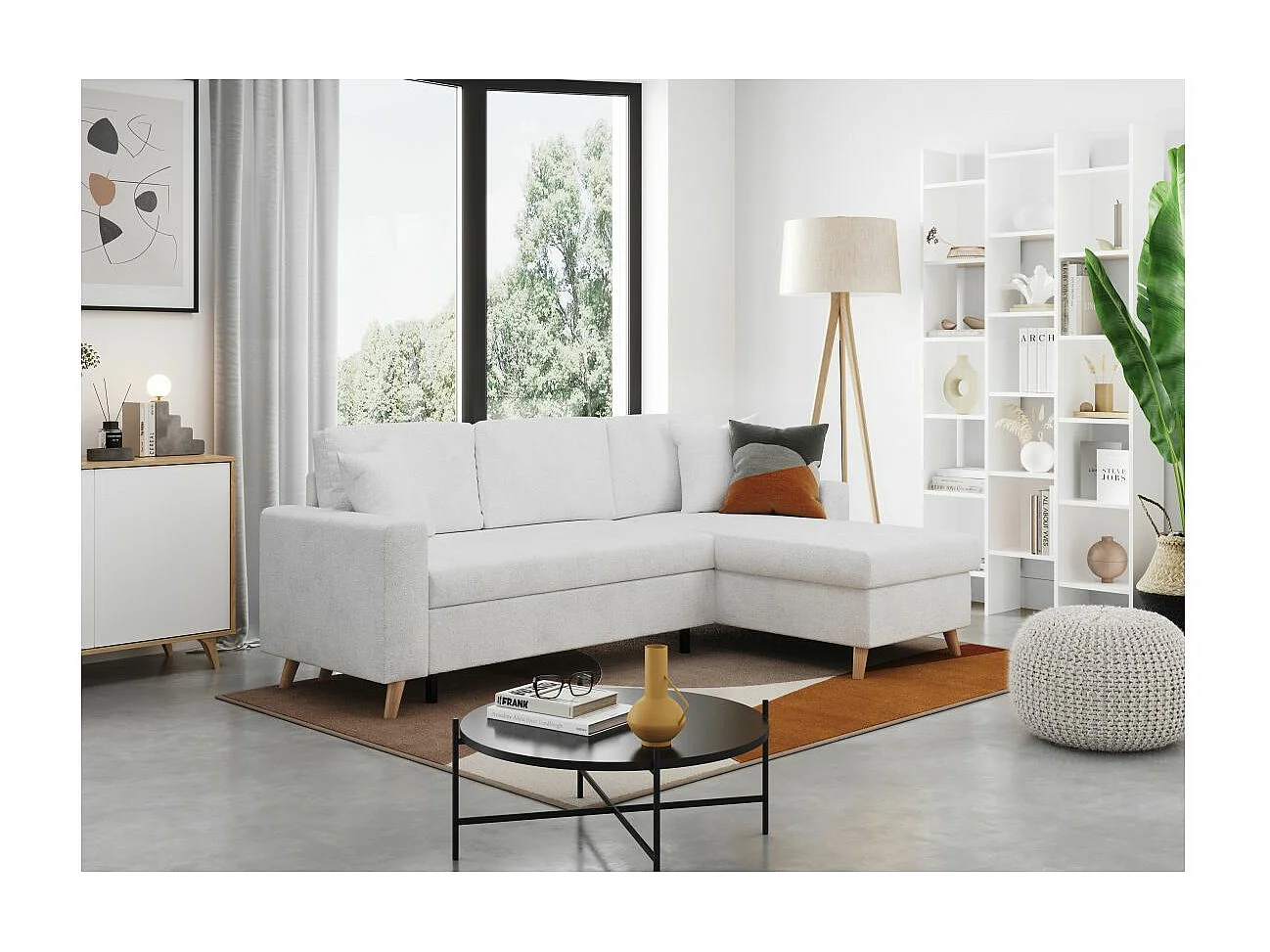 Canapé d'angle 3 places Maria scandinave réversible convertible avec coffre en tissu bouclé - Blanc - L227 x P147 x H89cm - Loungitude