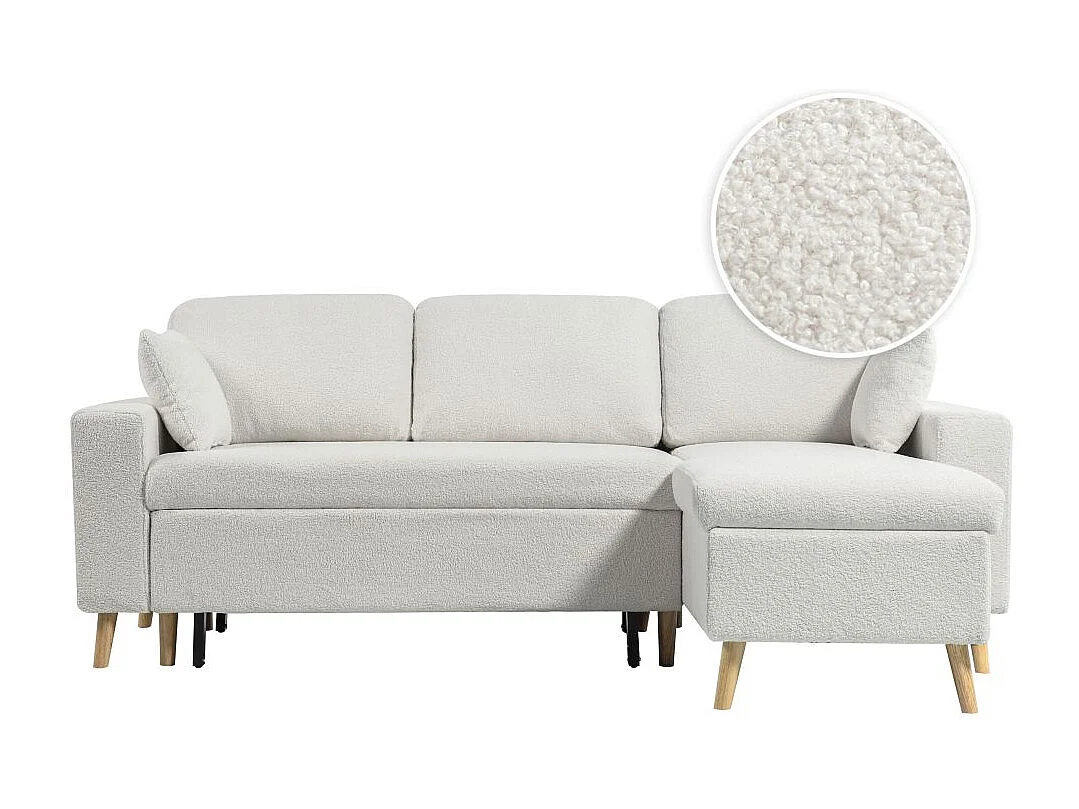 Canapé d'angle 3 places Maria scandinave réversible convertible avec coffre en tissu bouclé - Blanc - L227 x P147 x H89cm - Loungitude