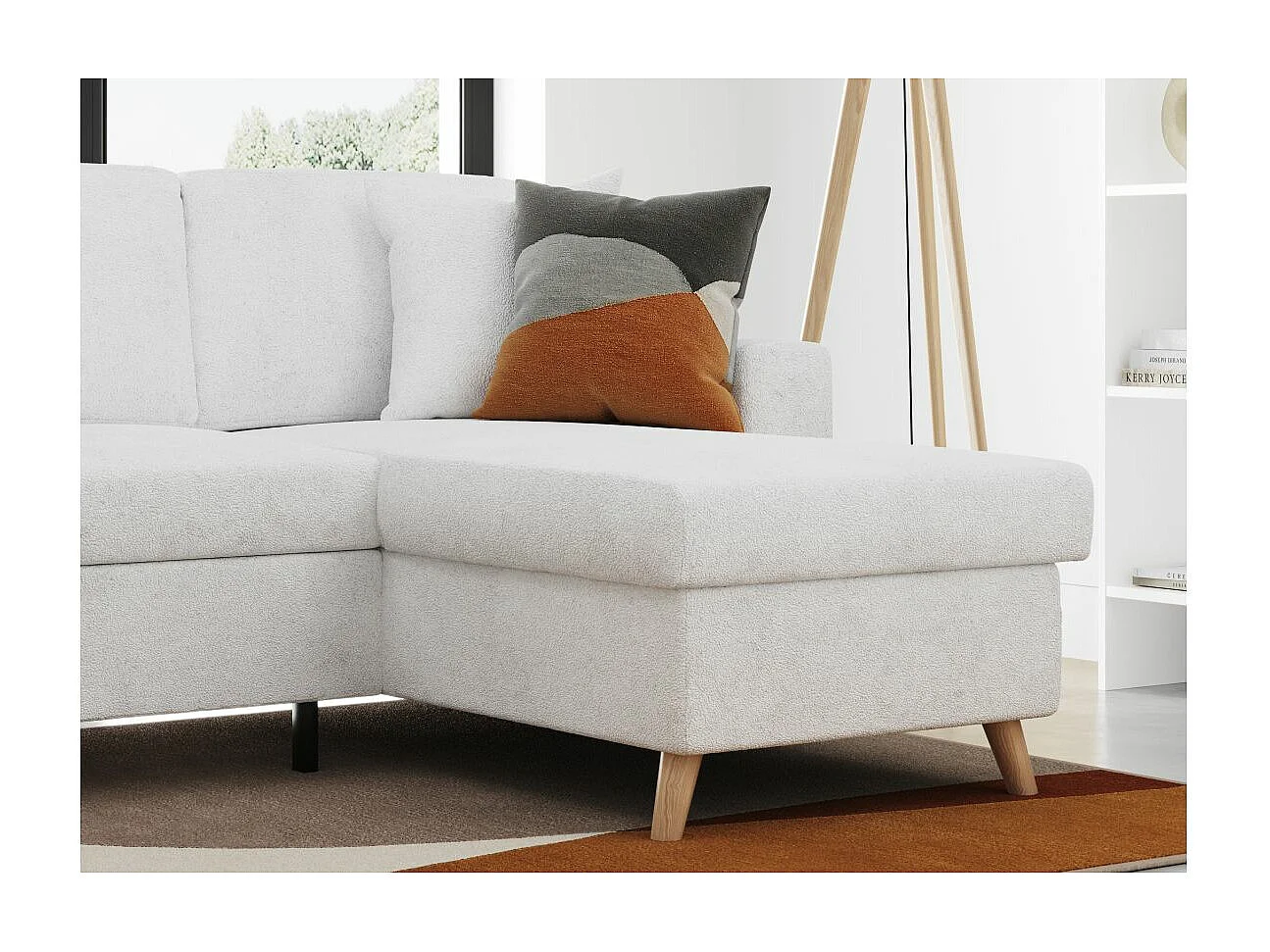 Canapé d'angle 3 places Maria scandinave réversible convertible avec coffre en tissu bouclé - Blanc - L227 x P147 x H89cm - Loungitude