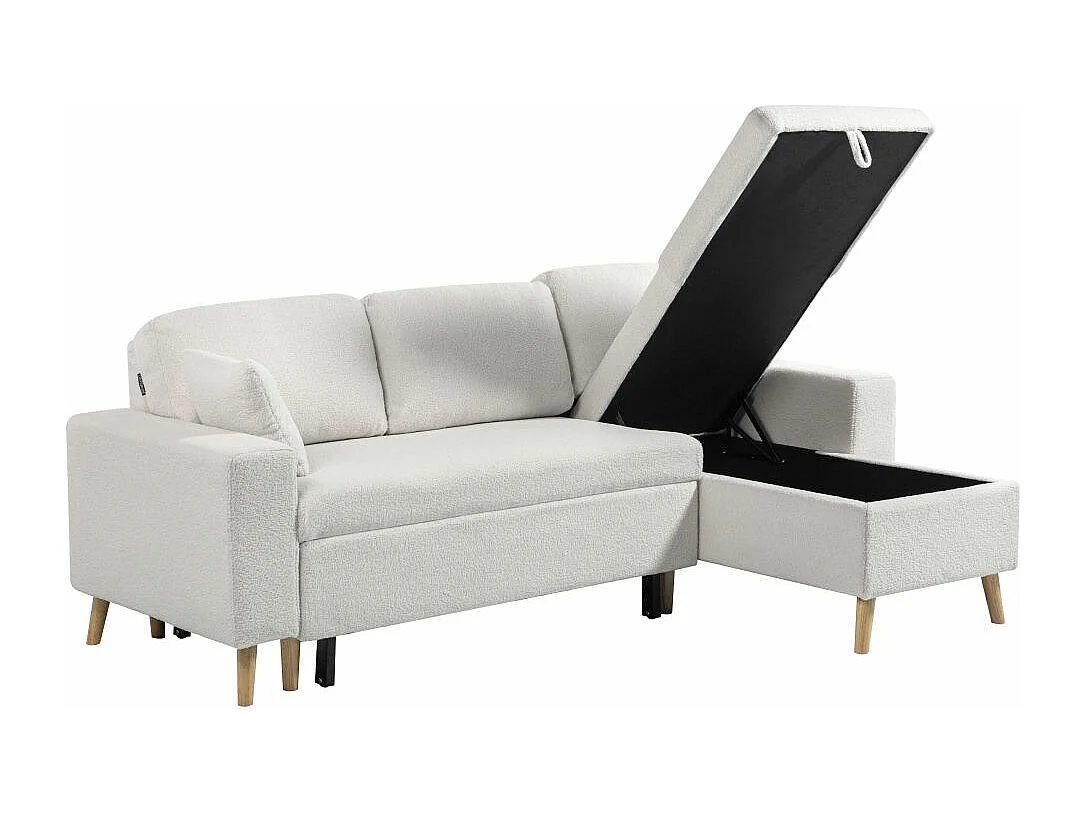 Canapé d'angle 3 places Maria scandinave réversible convertible avec coffre en tissu bouclé - Blanc - L227 x P147 x H89cm - Loungitude