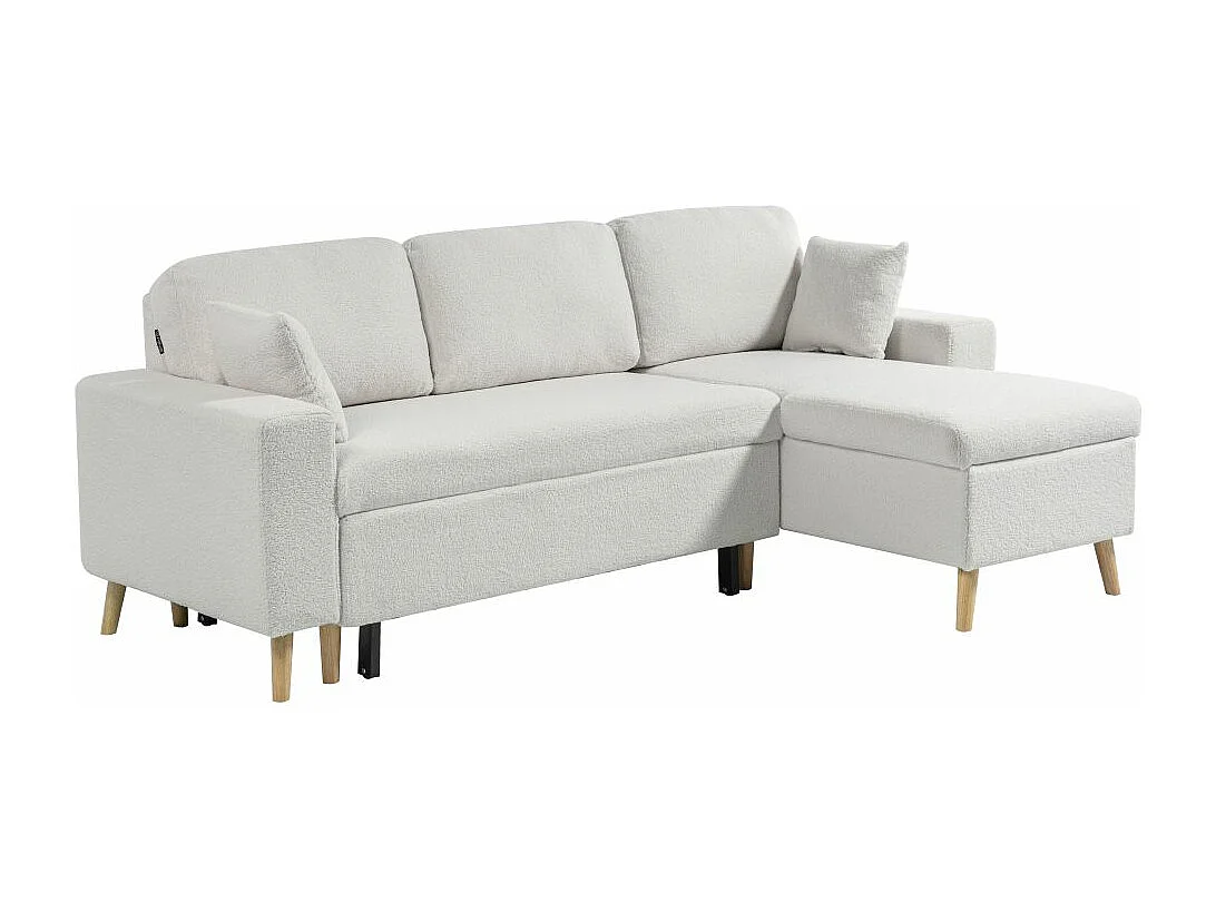 Canapé d'angle 3 places Maria scandinave réversible convertible avec coffre en tissu bouclé - Blanc - L227 x P147 x H89cm - Loungitude
