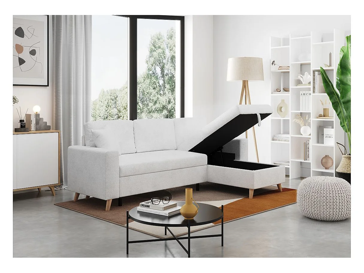Canapé d'angle convertible 3 places avec coffre en tissu blanc MARIA