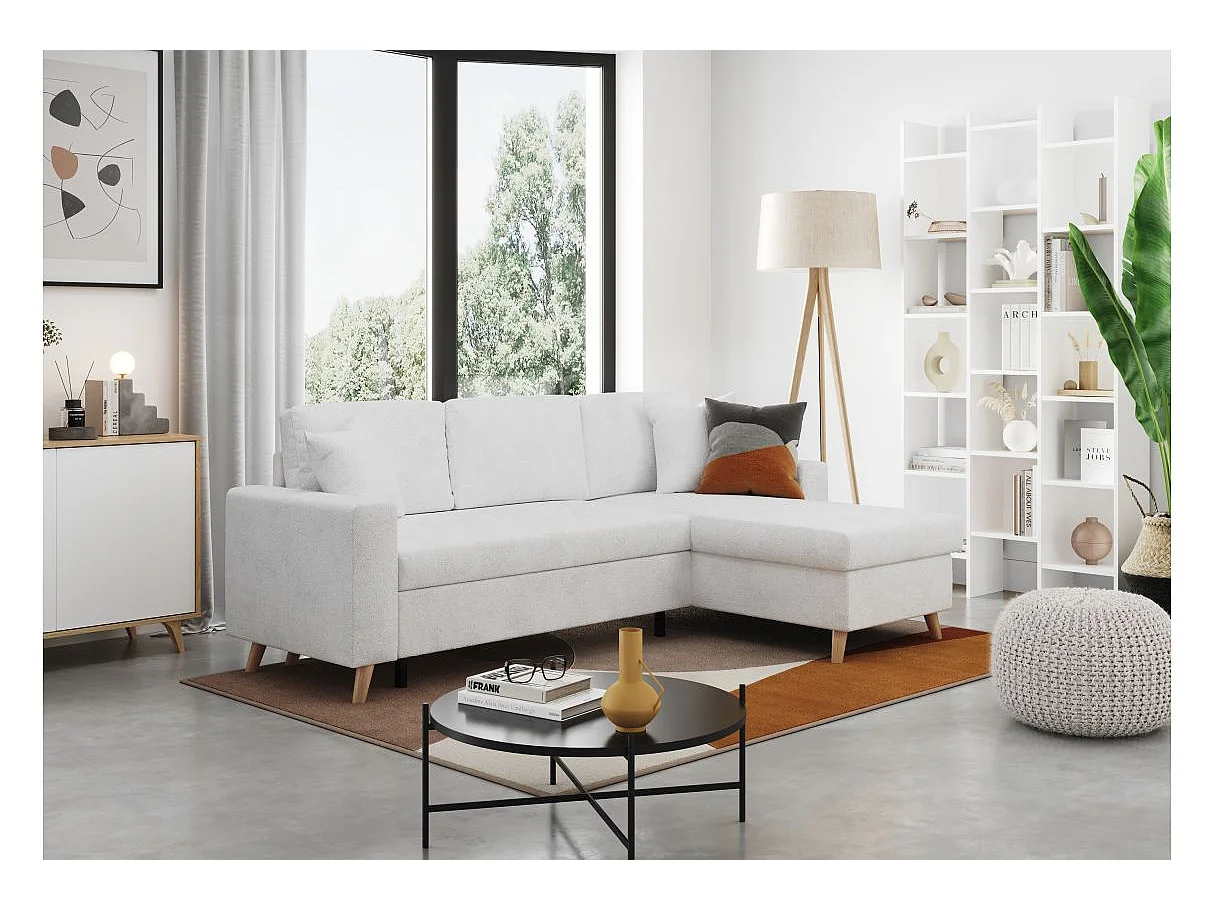 Canapé d'angle convertible 3 places avec coffre en tissu blanc MARIA