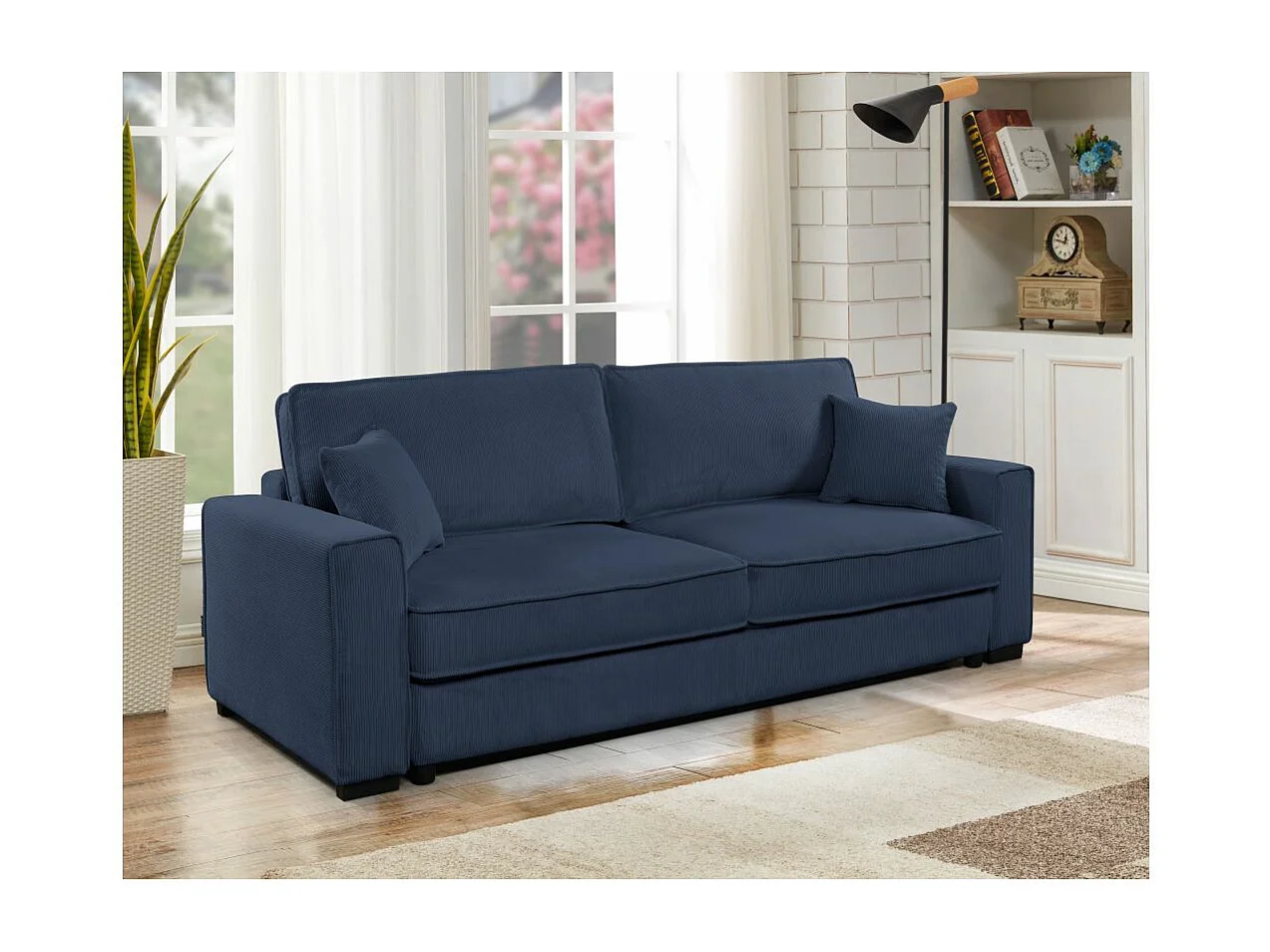 Canapé droit 3 places Margot convertible en velours côtelé - Bleu - L230 x P94,5 x H91cm - Loungitude