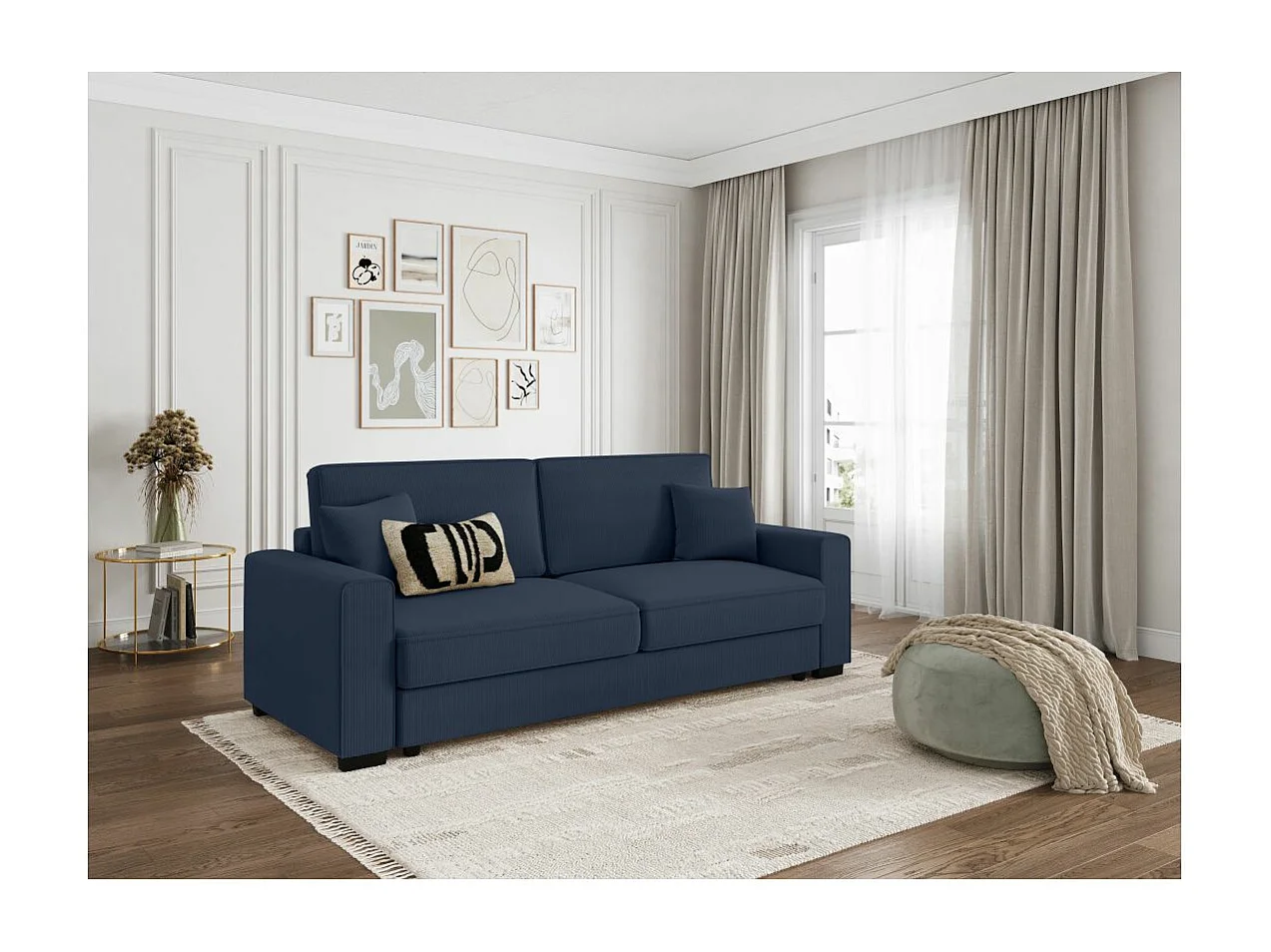 Canapé droit 3 places Margot convertible en velours côtelé - Bleu - L230 x P94,5 x H91cm - Loungitude