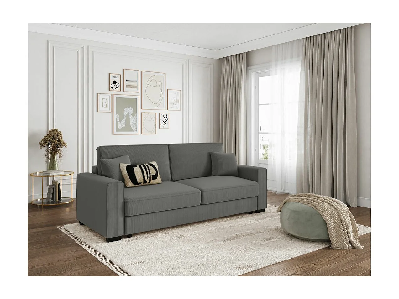 Canapé droit 3 places Margot convertible en velours côtelé - Gris - L230 x P94,5 x H91cm - Loungitude