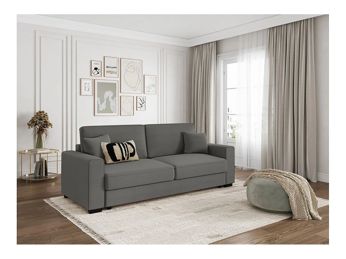 Canapé droit 3 places Margot convertible en velours côtelé - Gris - L230 x P94,5 x H91cm - Loungitude