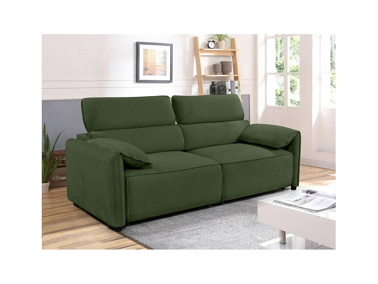 Canapé droit 3 places Valentin avec assises coulissantes en tissu - Vert - L217 x P101 x H81cm - Loungitude