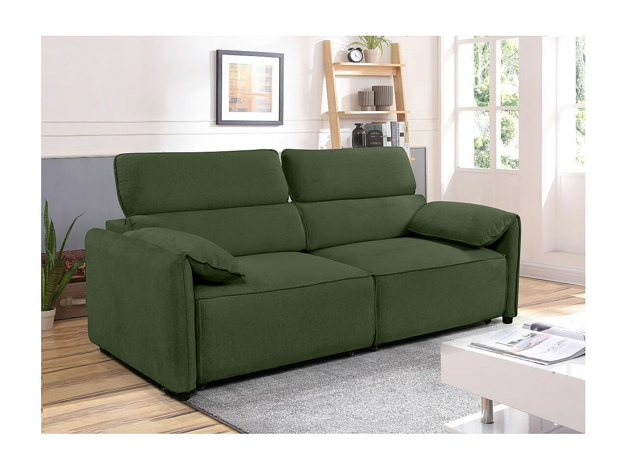 Canapé droit 3 places Valentin avec assises coulissantes en tissu - Vert - L217 x P101 x H81cm - Loungitude