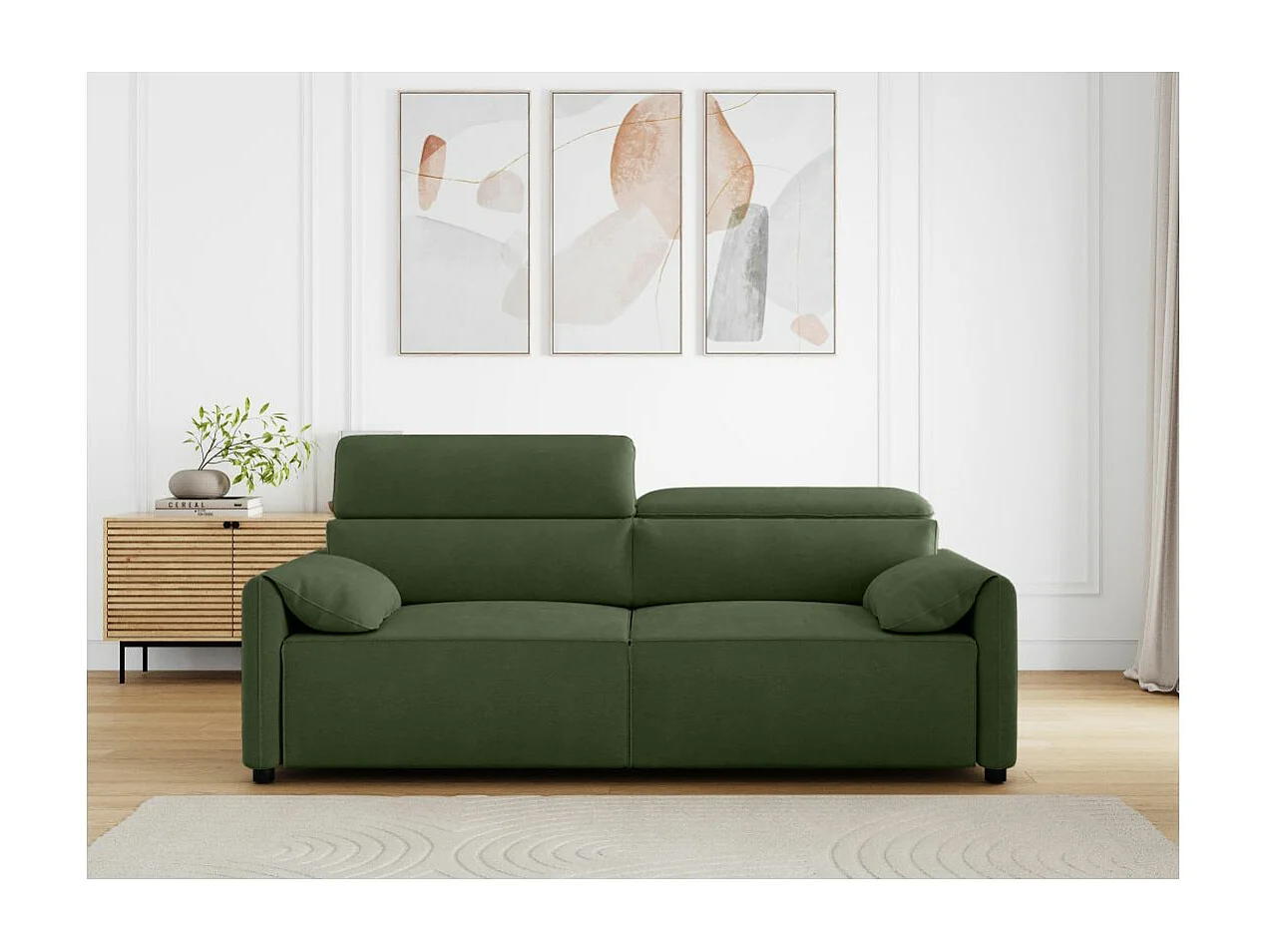 Canapé droit 3 places Valentin avec assises coulissantes en tissu - Vert - L217 x P101 x H81cm - Loungitude