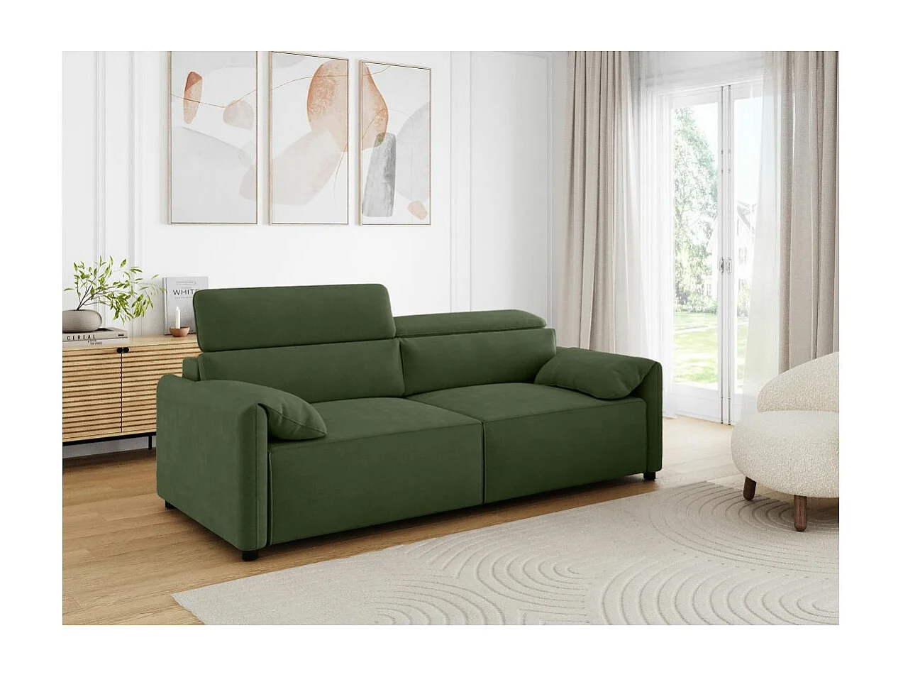 Canapé droit 3 places Valentin avec assises coulissantes en tissu - Vert - L217 x P101 x H81cm - Loungitude
