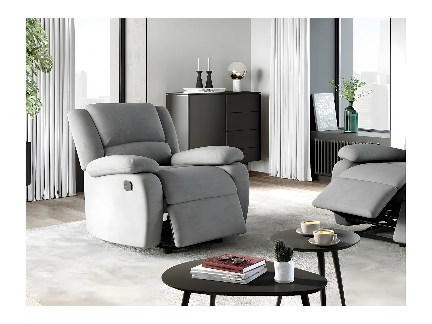 RELAXXO - Ensemble canapé relax manuel LEO 3 places + fauteuil manuel en microfibre - Gris
