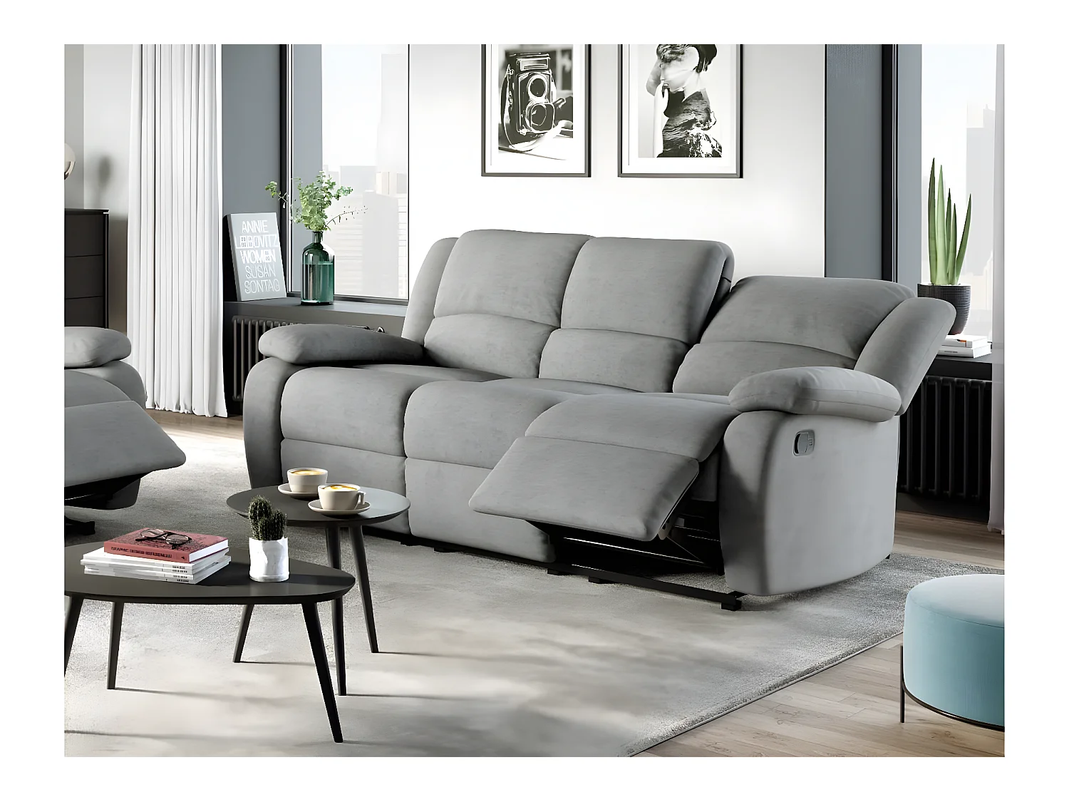 RELAXXO - Ensemble canapé relax manuel LEO 3 places + fauteuil manuel en microfibre - Gris