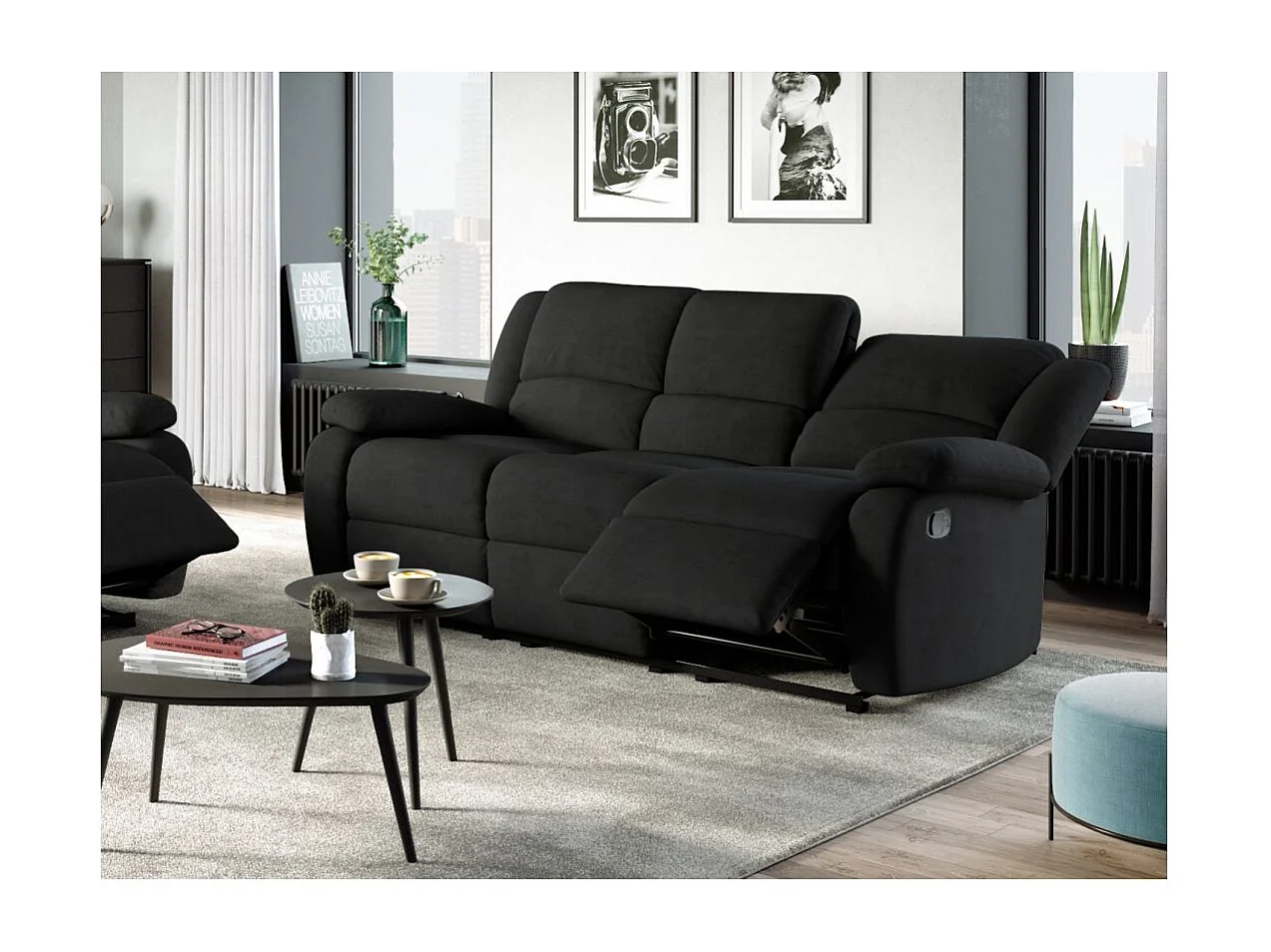 RELAXXO - Ensemble canapé relax manuel LEO 3 places + fauteuil manuel en microfibre - Noir