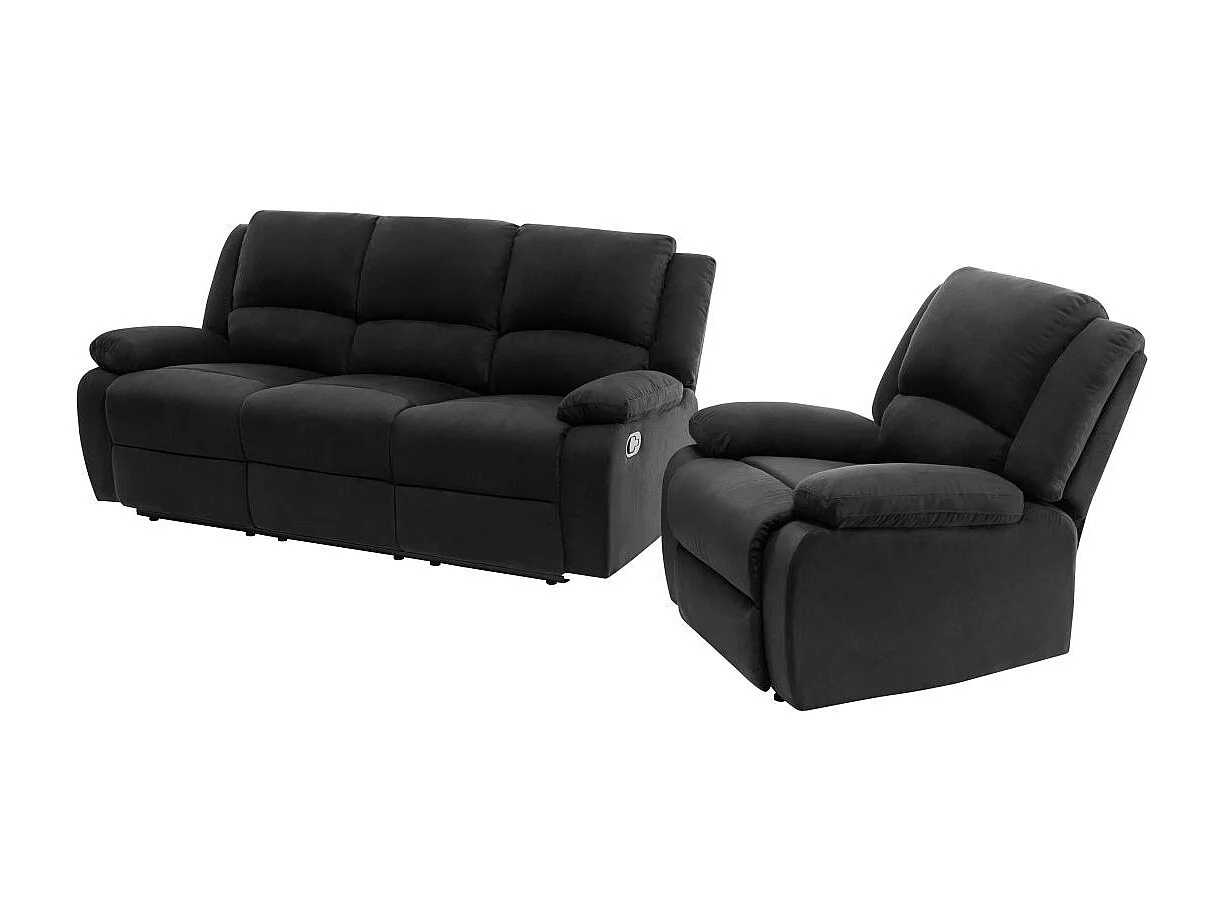 RELAXXO - Ensemble canapé relax manuel LEO 3 places + fauteuil manuel en microfibre - Noir