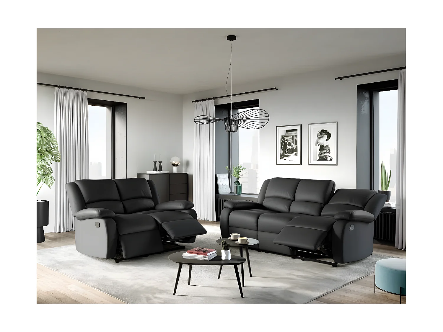Ensemble canapés relax manuels Léo 3 + 2 places en simili - Noir - Loungitude