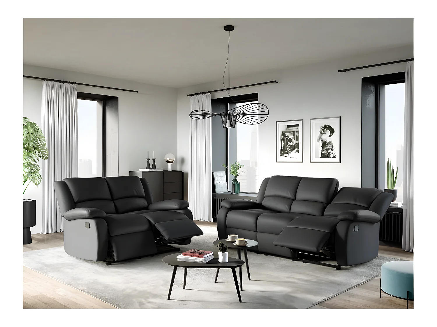 Ensemble canapés relax manuels Léo 3 + 2 places en simili - Noir - Loungitude