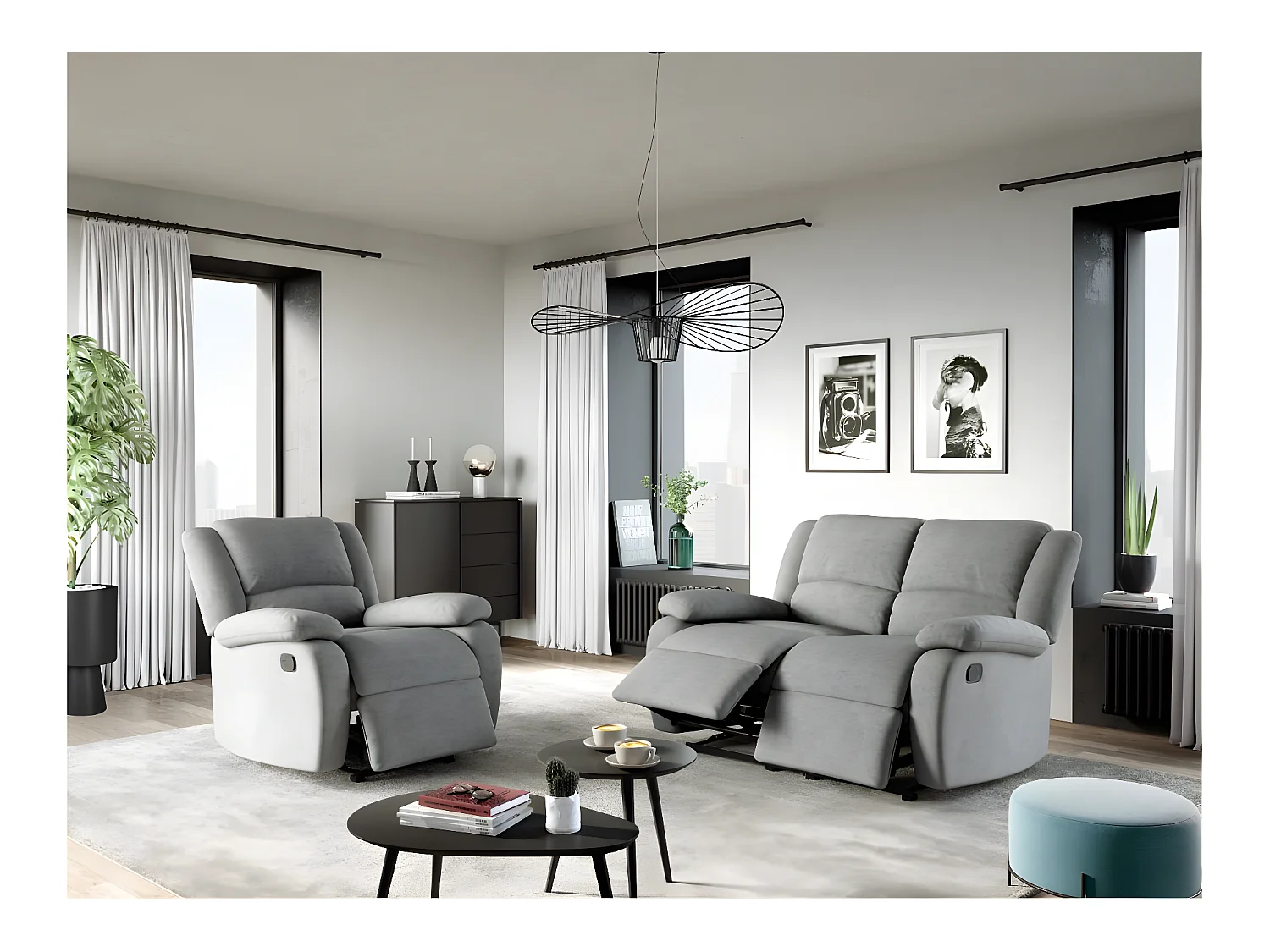 Ensemble canapé relax manuel Léo 2 places + fauteuil manuel en microfibre - Gris - Loungitude