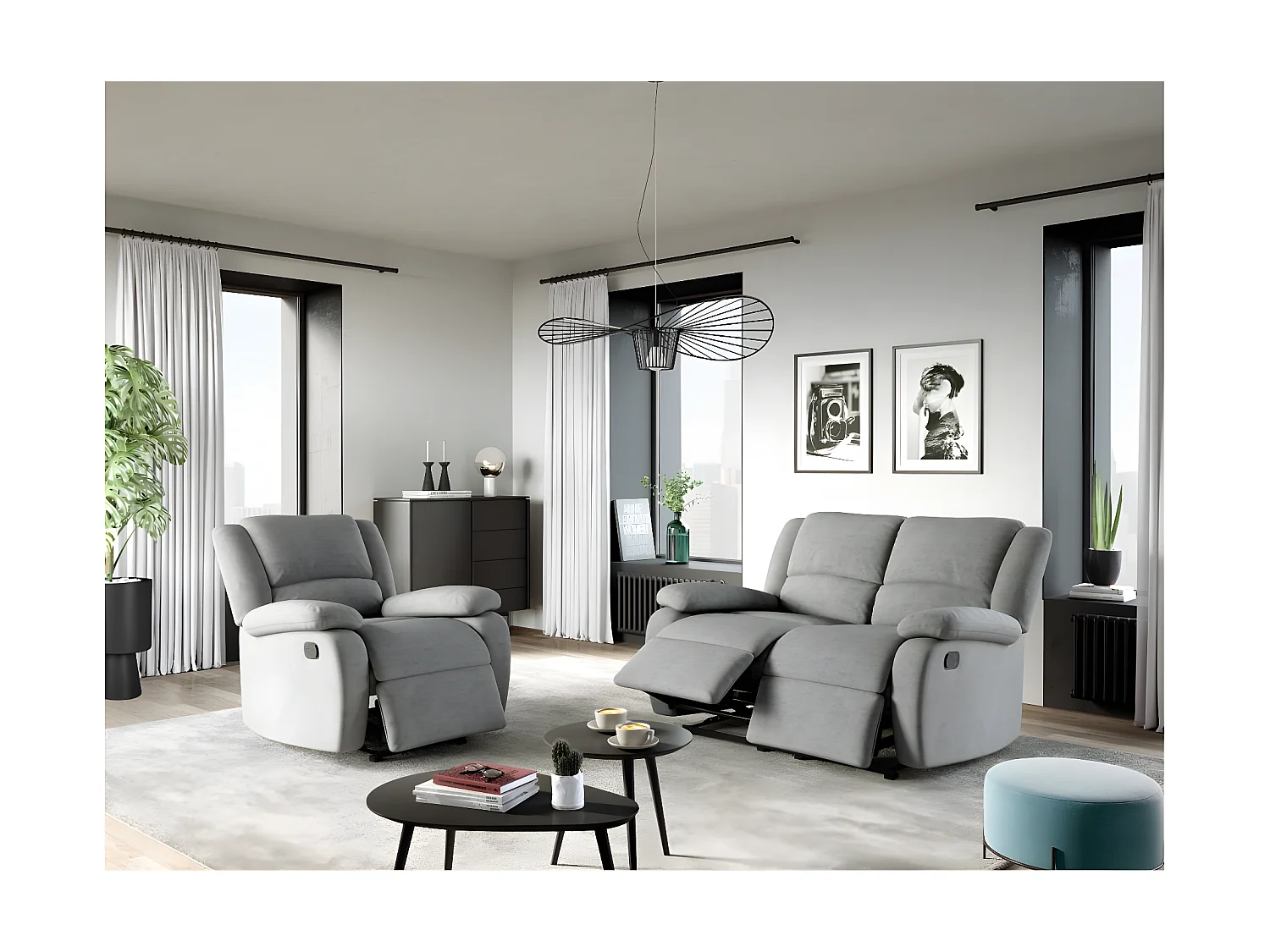 Ensemble canapé relax manuel Léo 2 places + fauteuil manuel en microfibre - Gris - Loungitude