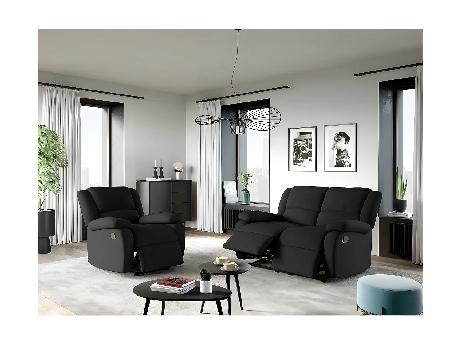 Ensemble canapé relax manuel Léo 2 places + fauteuil manuel en microfibre - Noir - Loungitude