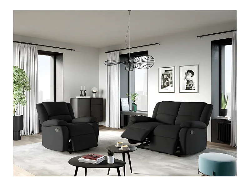 Ensemble canapé relax manuel Léo 2 places + fauteuil manuel en microfibre - Noir - Loungitude