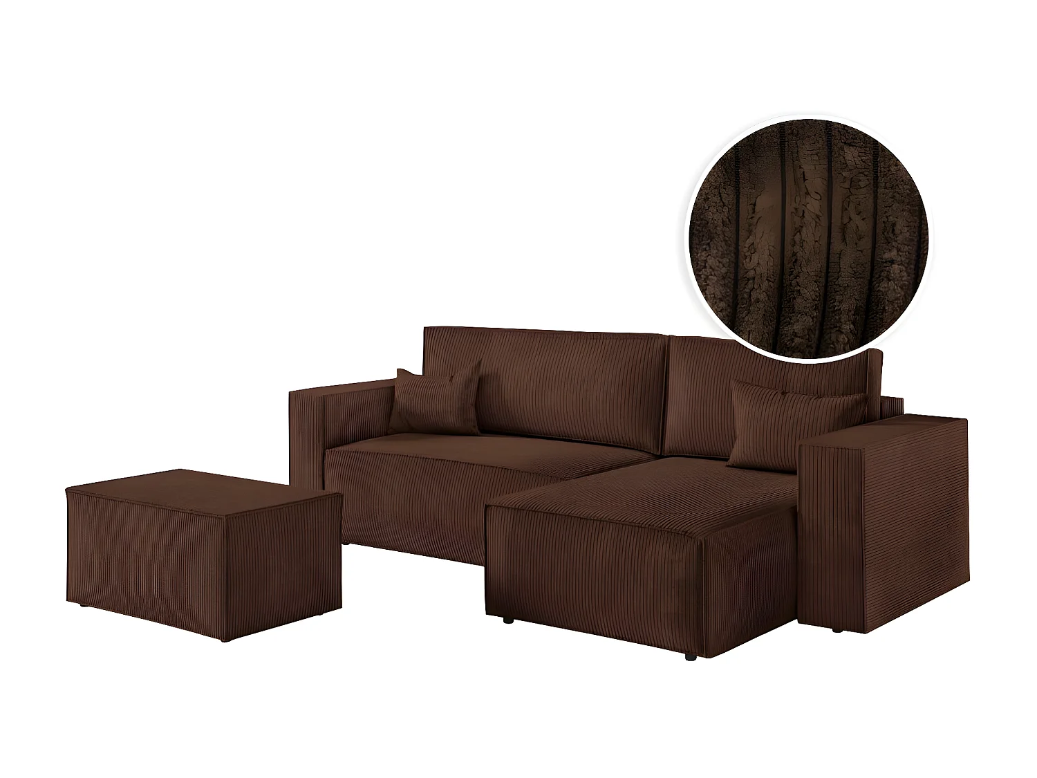 Pack - Clarisse - Canapé d'angle convertible réversible avec pouf en velours côtelé - Marron - L269 x P159 x H89cm - Loungitude
