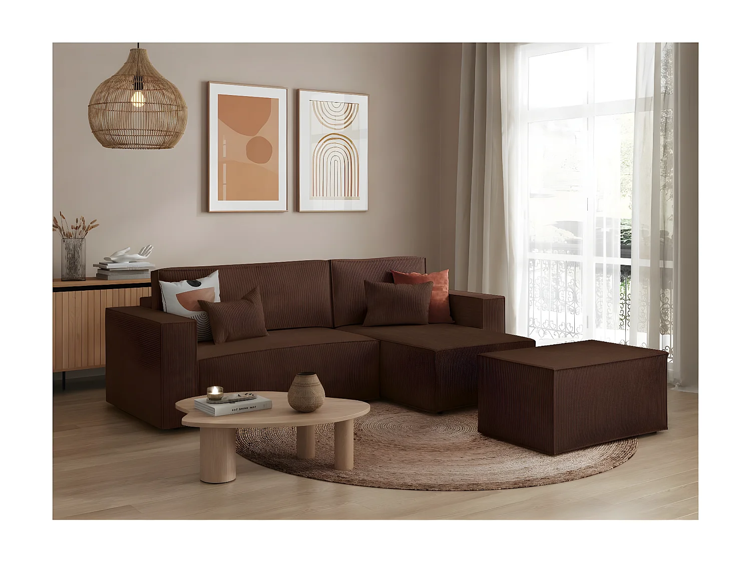 Pack - Clarisse - Canapé d'angle convertible réversible avec pouf en velours côtelé - Marron - L269 x P159 x H89cm - Loungitude