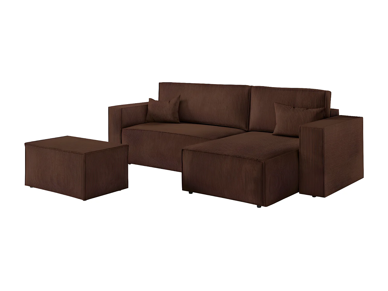 Pack - Clarisse - Canapé d'angle convertible réversible avec pouf en velours côtelé - Marron - L269 x P159 x H89cm - Loungitude