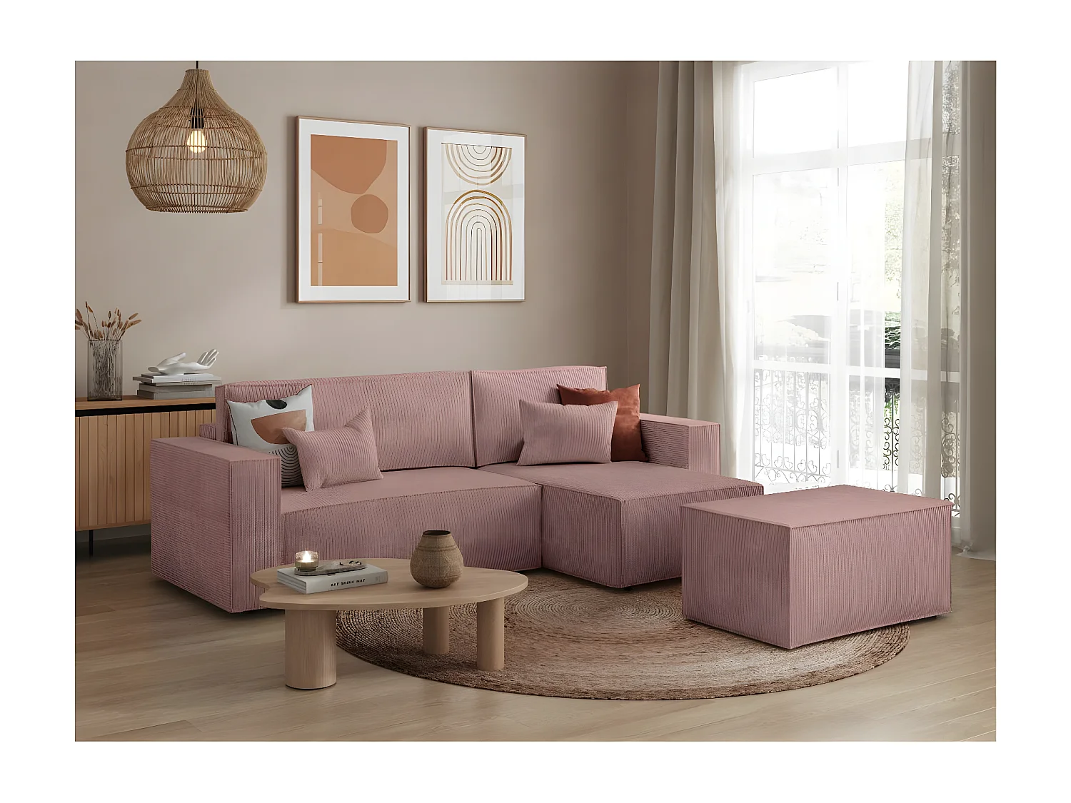 Pack - Clarisse - Canapé d'angle convertible réversible avec pouf en velours côtelé - Vieux rose - L269 x P159 x H89cm - Loungitude