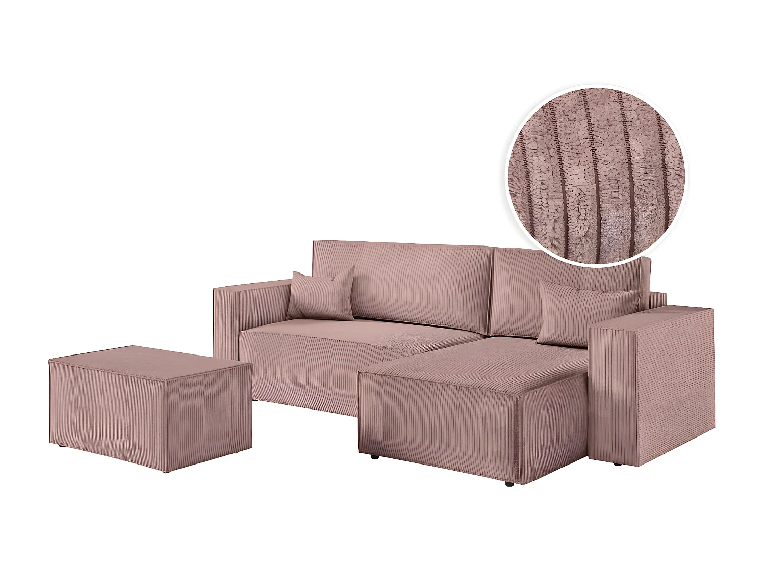Pack - Clarisse - Canapé d'angle convertible réversible avec pouf en velours côtelé - Vieux rose - L269 x P159 x H89cm - Loungitude
