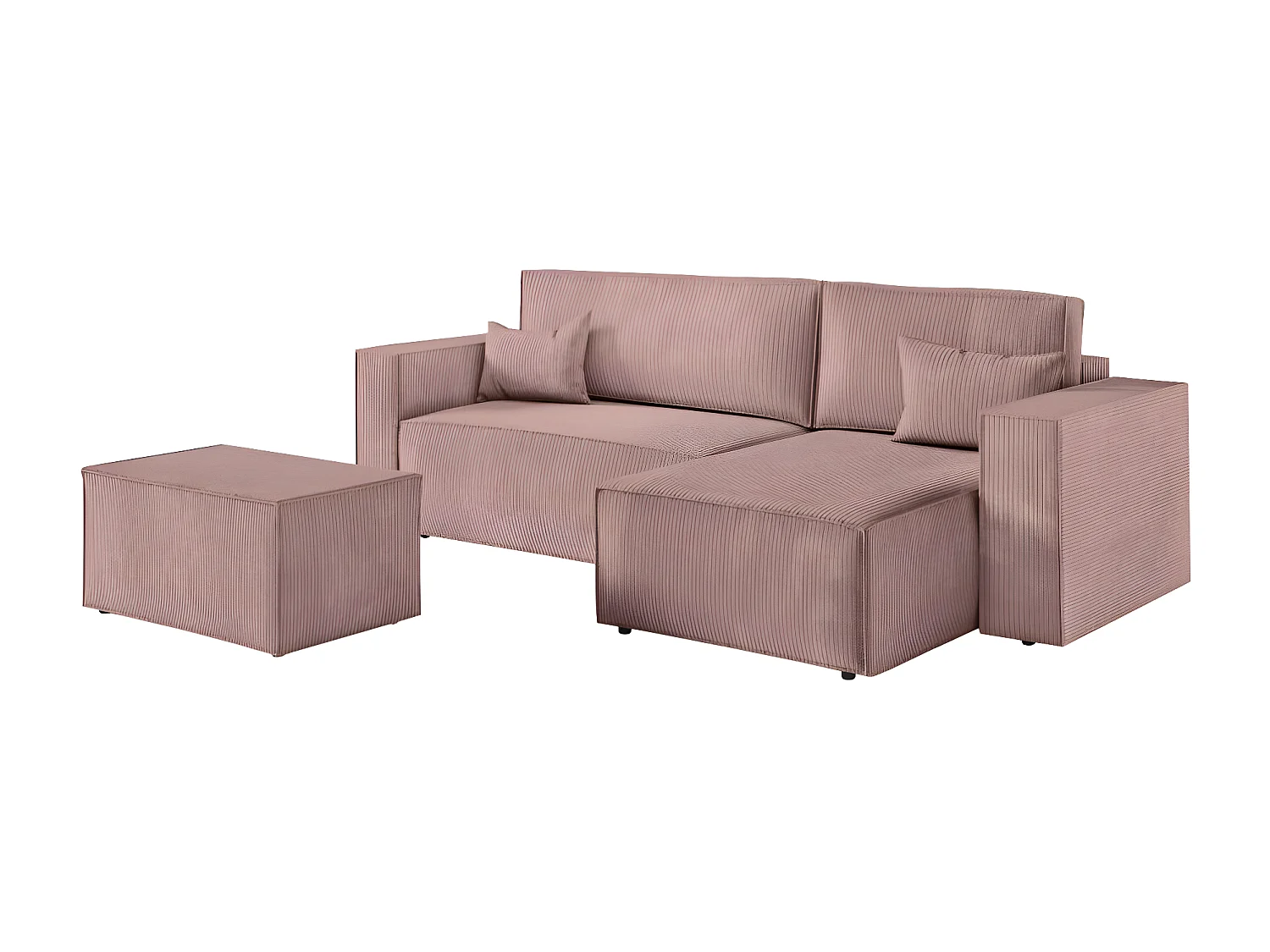 Pack - Clarisse - Canapé d'angle convertible réversible avec pouf en velours côtelé - Vieux rose - L269 x P159 x H89cm - Loungitude