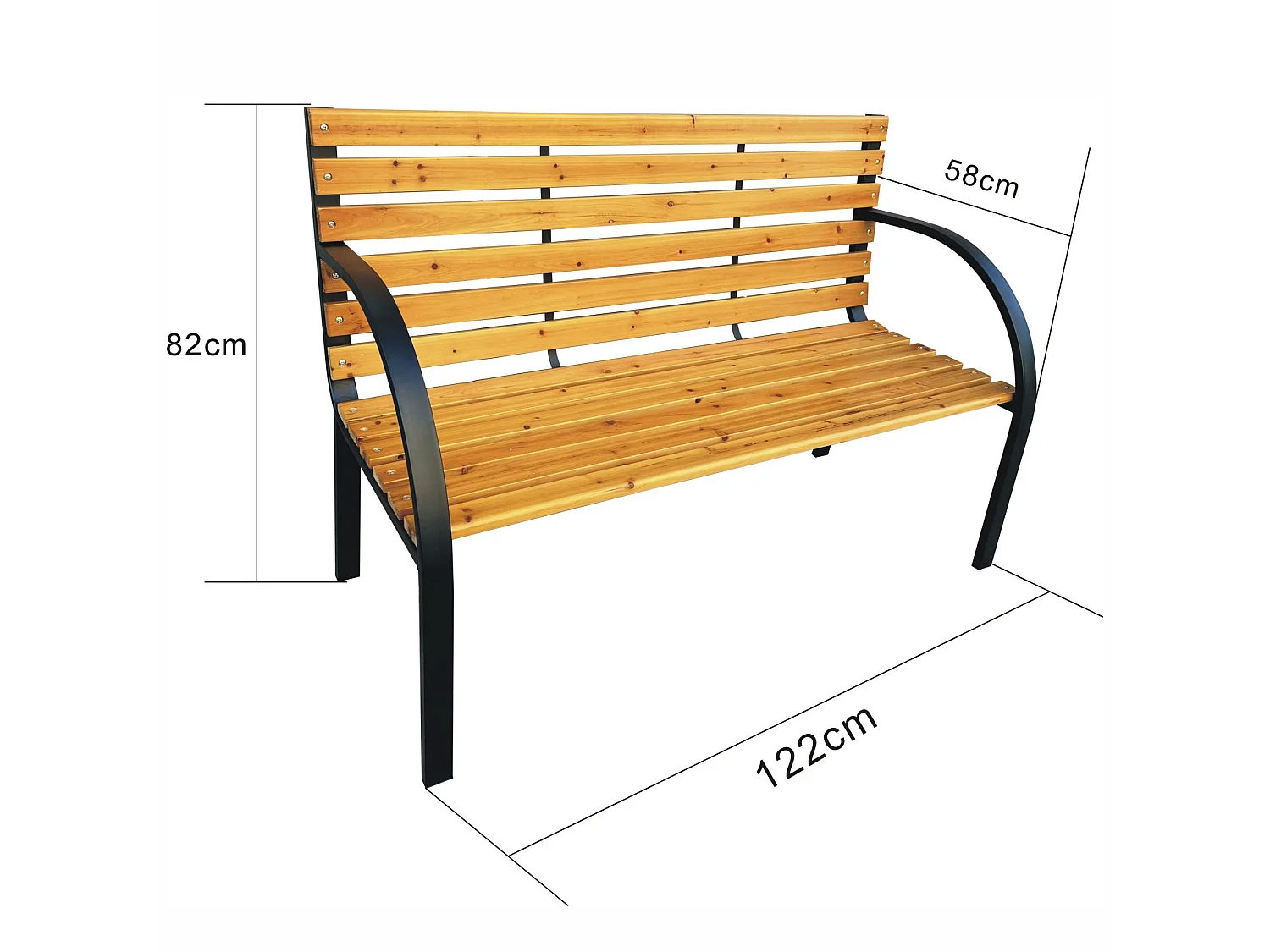 Tuinbank DALIA / Buitenbank / Metaal en Hout / Zwart - Hout / Maximale Belasting 260 kg / 122 x 82 x 58 cm