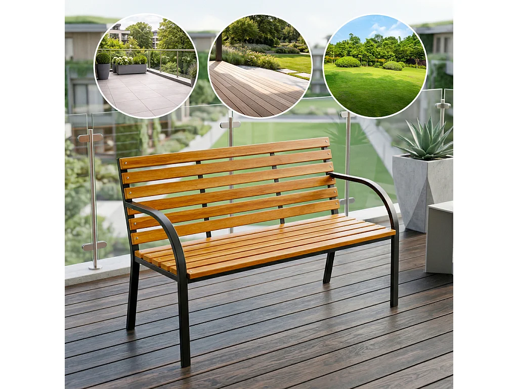 Ławka ogrodowa DALIA z lakierowanego drewna stalowe nogi szerokość 122 cm