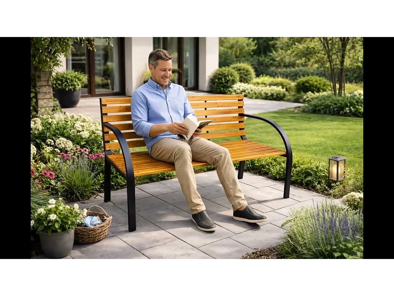 Tuinbank DALIA / Buitenbank / Metaal en Hout / Zwart - Hout / Maximale Belasting 260 kg / 122 x 82 x 58 cm
