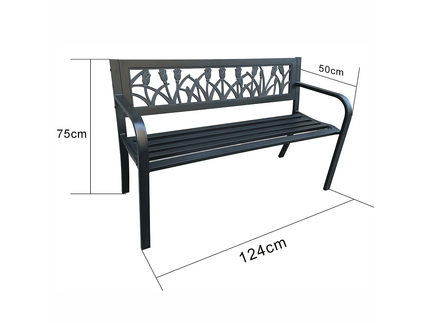 Banc de jardin noir LISSA avec pieds en acier, largeur 124 cm