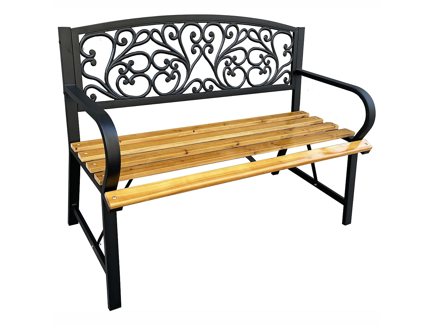 Panchina da giardino nera NERINA con legno laccato e gambe in ghisa larghezza 118 cm