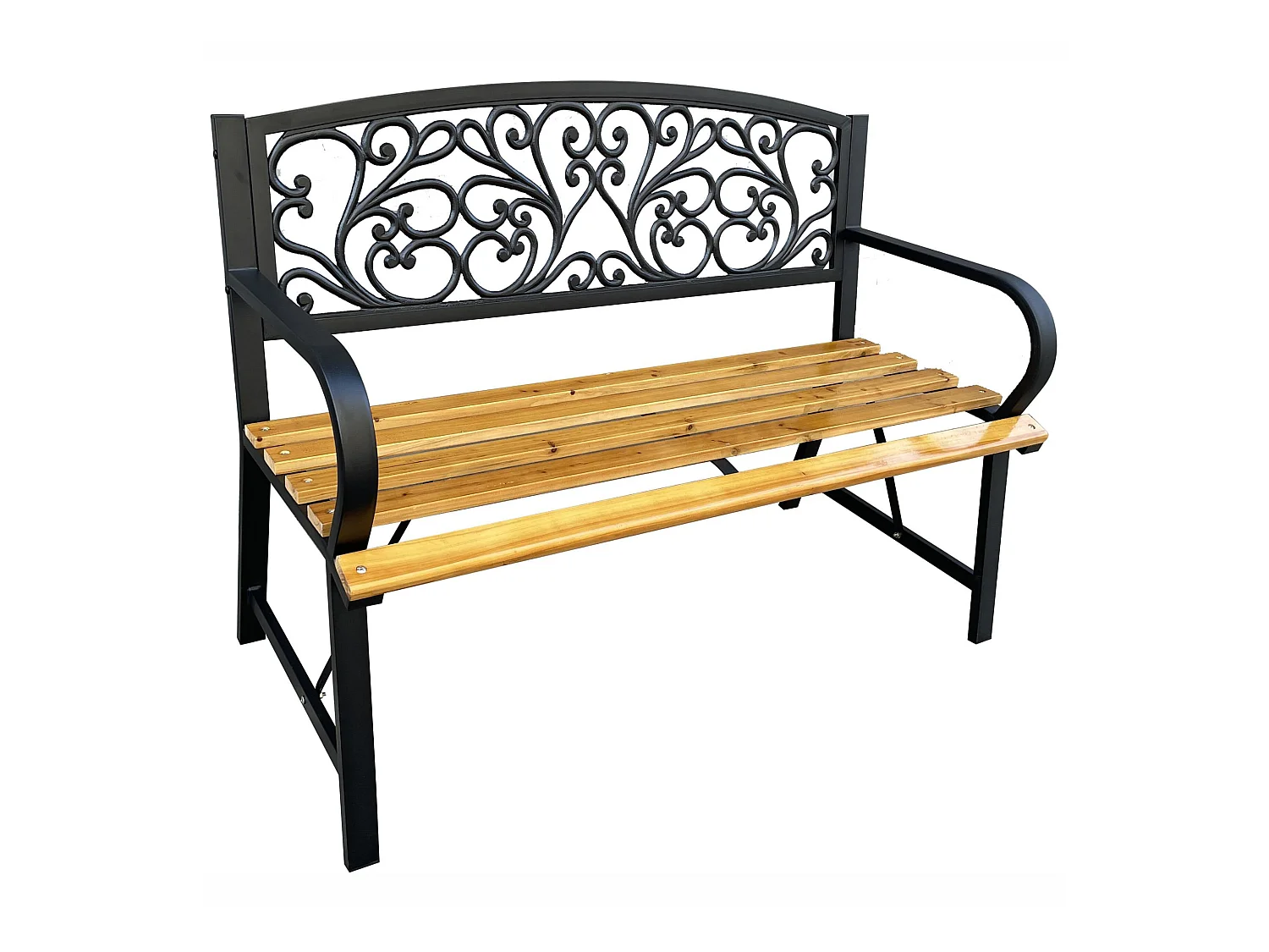 Banc de jardin noir NERINA avec bois laqué et pieds en fonte, largeur 118 cm
