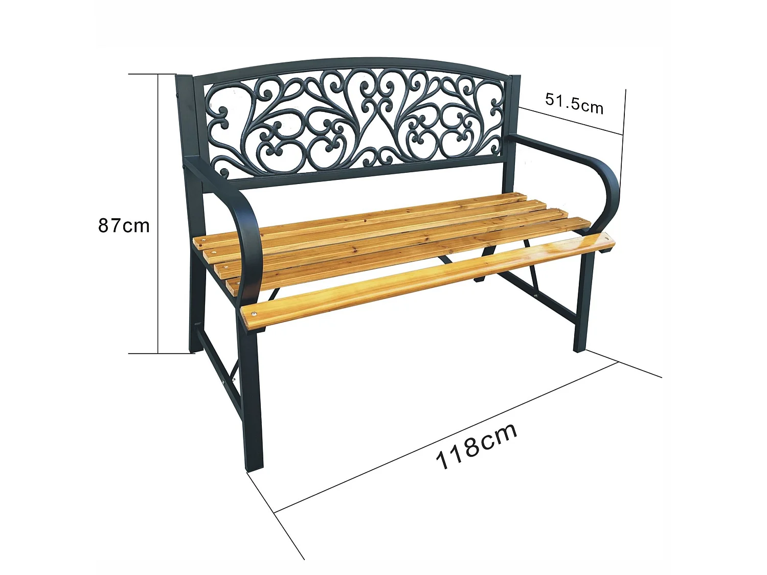 Tuinbank NERINA / Buitenbank / Metaal en Hout / Zwart - Hout / Maximale Belasting 260 kg / 118 x 87 x 51,5 cm