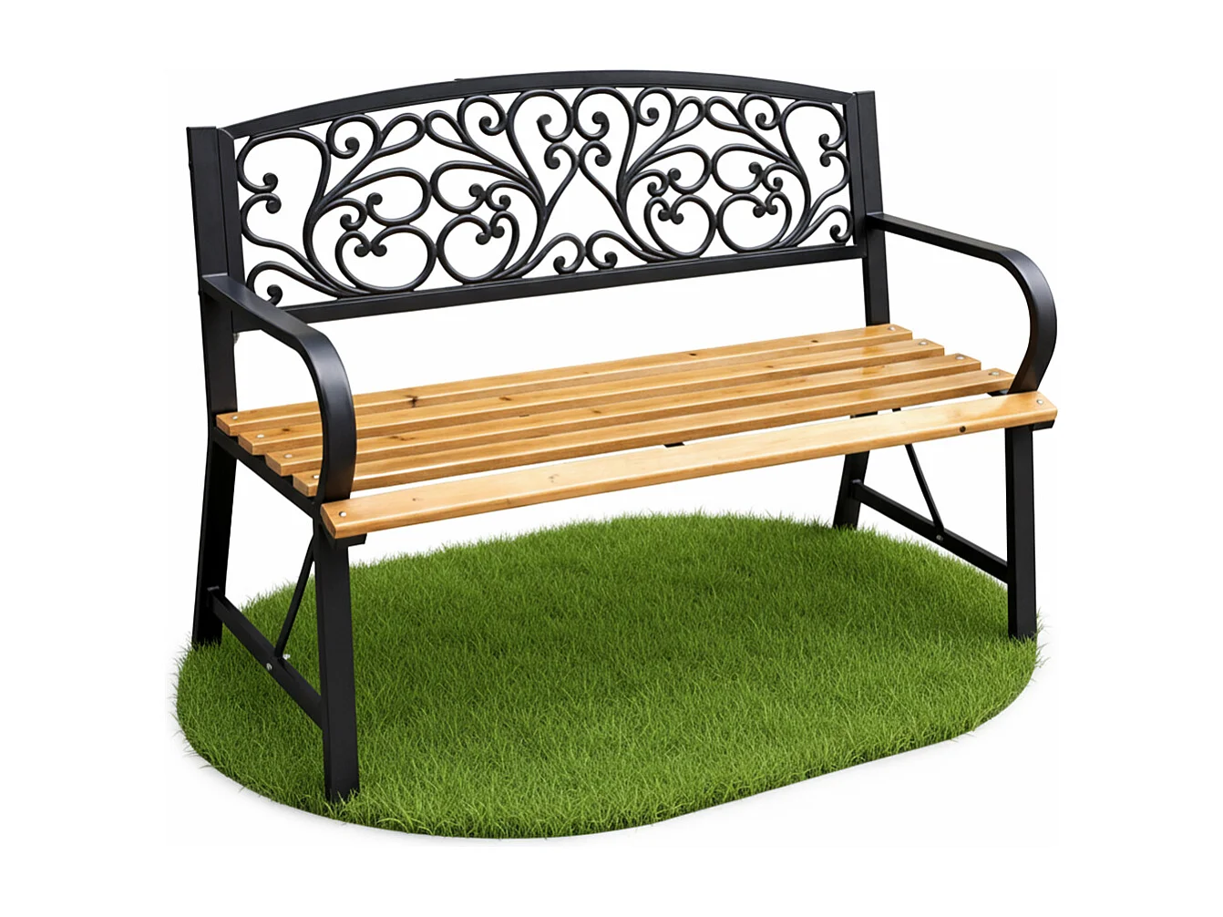 Tuinbank NERINA / Buitenbank / Metaal en Hout / Zwart - Hout / Maximale Belasting 260 kg / 118 x 87 x 51,5 cm