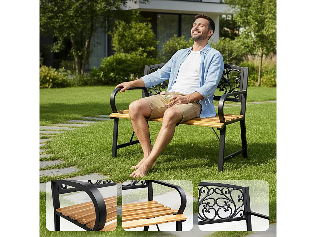 Tuinbank NERINA / Buitenbank / Metaal en Hout / Zwart - Hout / Maximale Belasting 260 kg / 118 x 87 x 51,5 cm