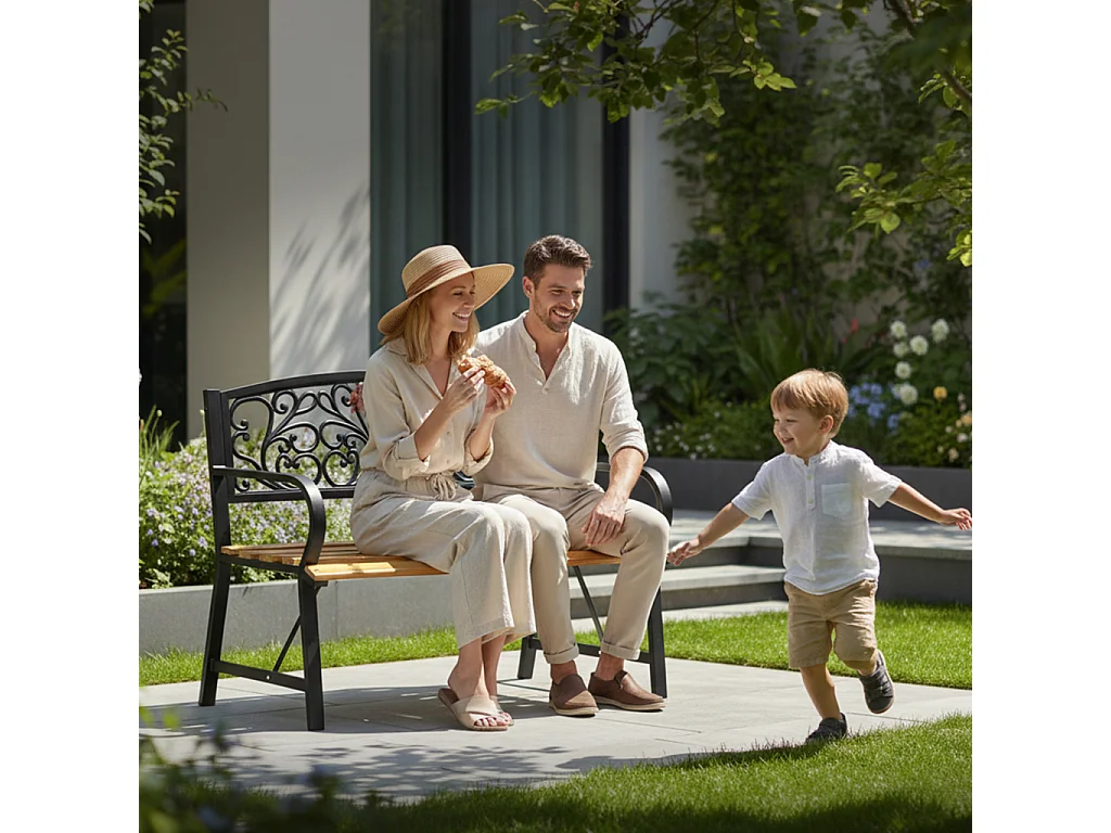 Tuinbank NERINA / Buitenbank / Metaal en Hout / Zwart - Hout / Maximale Belasting 260 kg / 118 x 87 x 51,5 cm