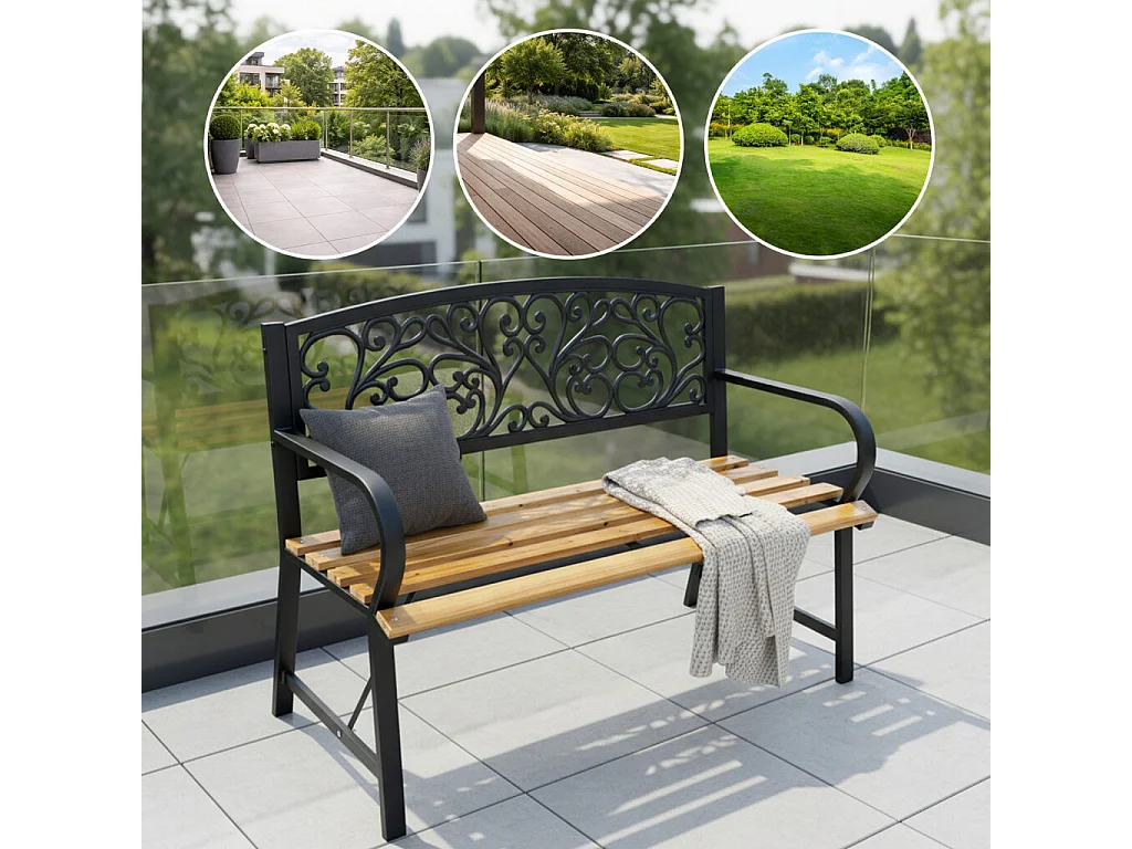 Tuinbank NERINA / Buitenbank / Metaal en Hout / Zwart - Hout / Maximale Belasting 260 kg / 118 x 87 x 51,5 cm